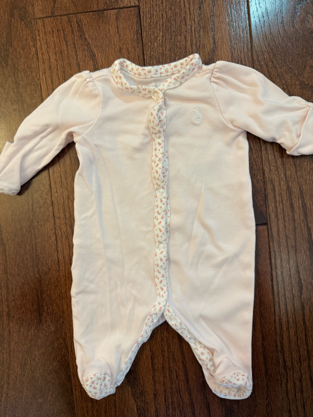 Ralph Lauren Baby Pink Snap-Front Onesie with Floral Trim